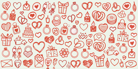 Naklejka premium Romantic Doodles Pattern Featuring Hearts Gifts And Jewelry