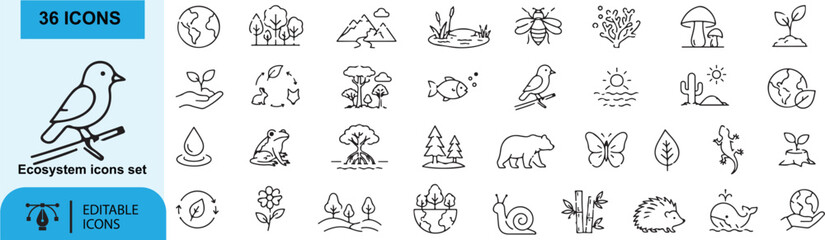 Ecosystem and Nature Outline Icons Set - Environment, Wildlife, Forest, Biodiversity, Sustainability, Earth, Plants, Animals Line Vector Collection © ShahosChandro