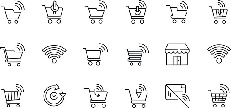 Modern E-commerce Online Shopping Wireless Technology and Retail Line Icons Set
