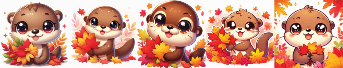 Vector of a cute cartoon otter character holding colorful autumn leaves © FirdianKrisna