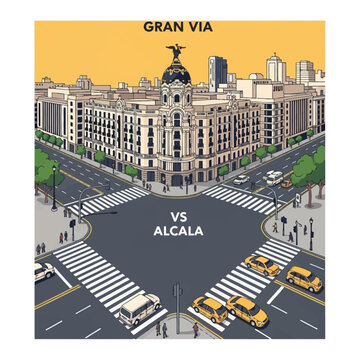 Vector art of Madrid's Metropolis Building at Gran Via and Calle de Alcala intersection, depicting urban traffic, crosswalks, pedestrians, and iconic Spanish architecture.