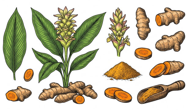 Hand drawn turmeric plant root flower and powder sketch vector set with Ayurvedic herb illustrations isolated on white background