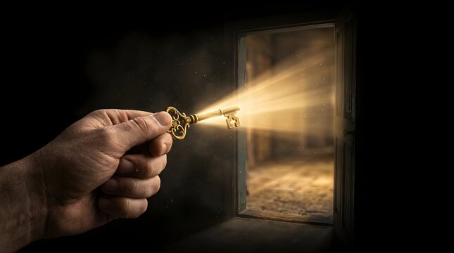 Hand holding old golden key opening dark mysterious door with solution opportunity darkness