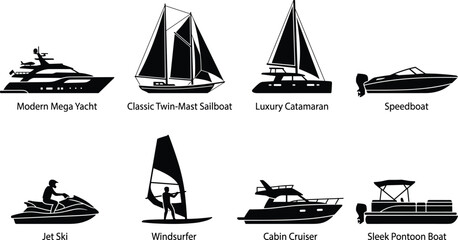 Black Silhouette Recreational Watercraft Collection Featuring Yachts Sailboats Catamaran Speedboat Jet Ski and Pontoon Boat Set © MDSHAHIDUL