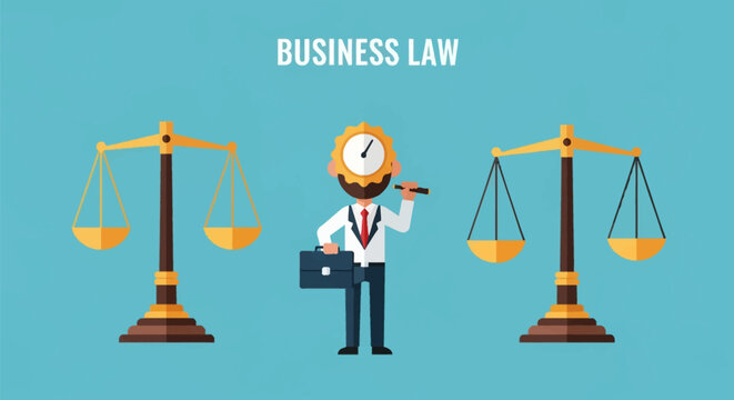 Flat vector illustration of a businessman with a clock face for a head holding a briefcase and pen, positioned between two golden scales of justice under business law text.