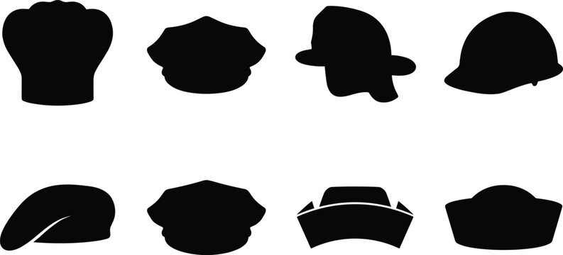 Black Silhouette Professional Hats Collection Featuring Chef Police Firefighter Military Beret Sailor and Service Cap Icons