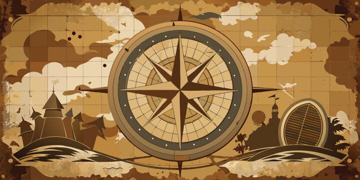 Antique compass rose on a vintage map background, with silhouettes of, castles and coastal islands
