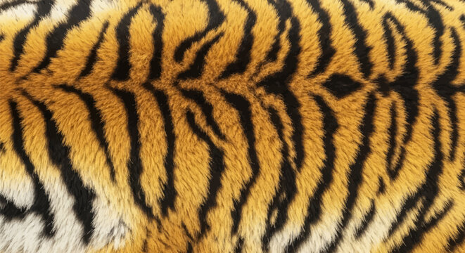 Detailed macro texture of tiger fur with orange and black striped pattern. Close-up view of wild animal pelt with dense hair and realistic feline skin background wallpaper.