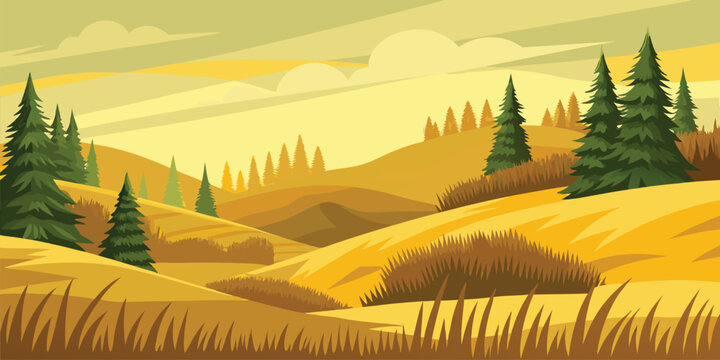 Golden landscape with rolling hills and pine trees under a warm yellow sky in a flat style