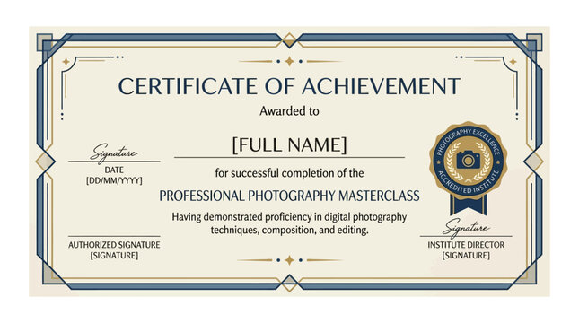 Certificate of Achievement, Professional Photography Masterclass, Award Template, Editable Vector