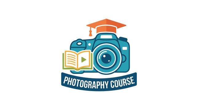 Education, photography course, learning, camera icon, vector logo