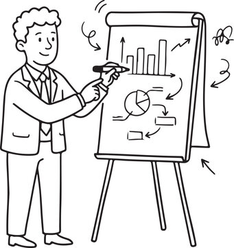 Businessman Writing on Flip Chart Doodle Outline Sketch Vector Illustration EPS10