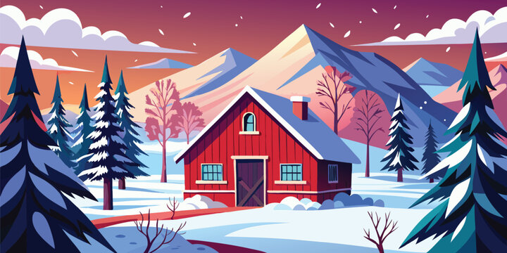 Red wooden barn in a snowy winter landscape with pine trees and mountains under a sunset sky, cold