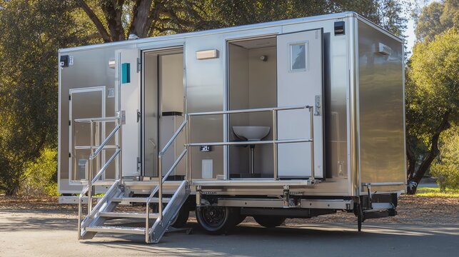 Modern portable restroom on wheels.