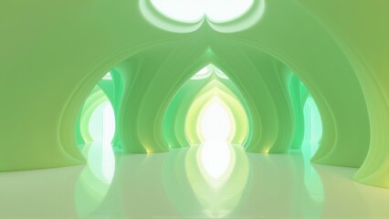 Fototapeta premium Futuristic interior, smooth curves, glowing green walls. Minimalist design creates calming, ethereal space. Light reflects off polished floor.