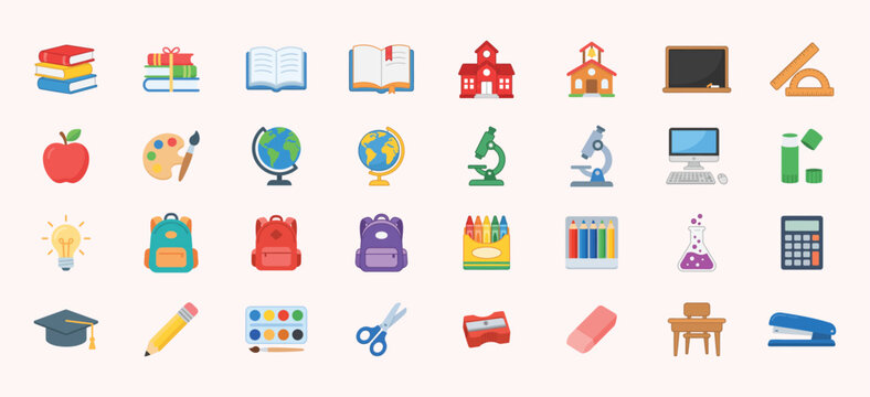 Educational school icons classroom tools books backpack white background and color black with education classroom backpack learning stationery white background and color black
