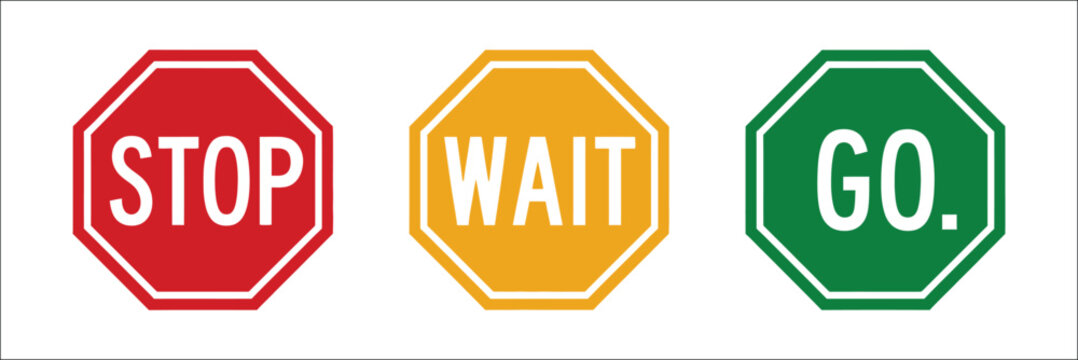 Stop wait go traffic sign icons showing red, yellow and green signals, ideal for road safety, traffic management, educational materials, transportation guidance and flat vector illustration design con
