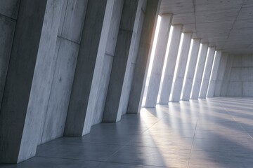 Obraz premium The Concrete Corridor Sunlit Angled Columns and Reflective Modern Architecture