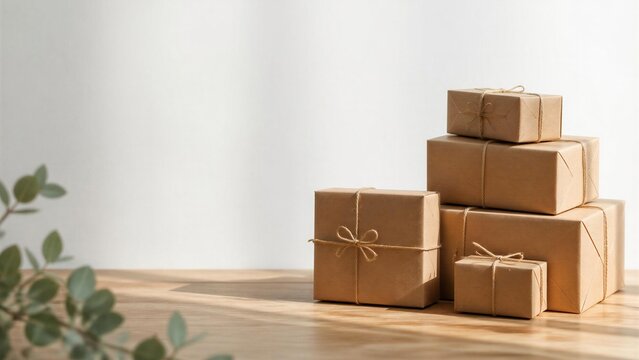 Minimalist eco-friendly kraft paper shipping boxes on wooden table with negative space