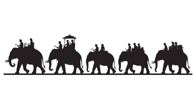 Elephant procession with riders black silhouette elephants