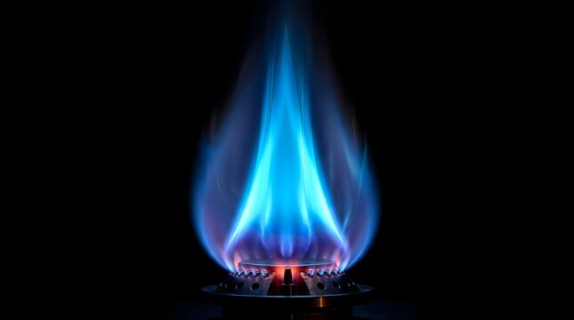 Bright blue natural gas flame burning from stove burner against black background with combustion