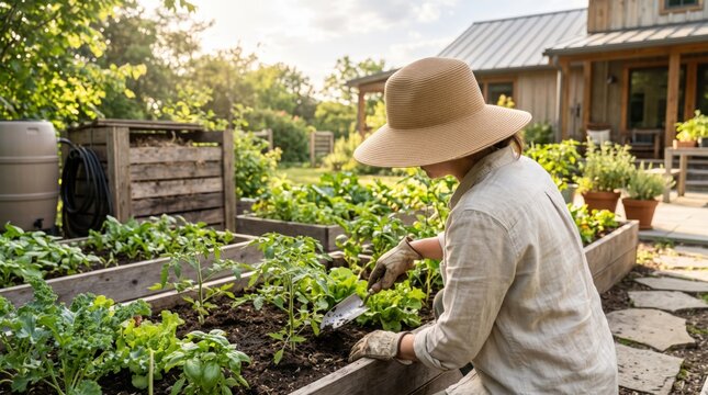 Woman in straw hat gardening with trowel, planting vegetables in raised wooden bed, organic farming concept, sustainable lifestyle, home garden maintenance