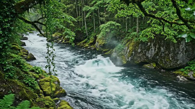 Pristine Forest River with Fast-Flowing White Water Rapids and Lush Mossy Banks, Ideal for Nature Documentaries and Travel Content.