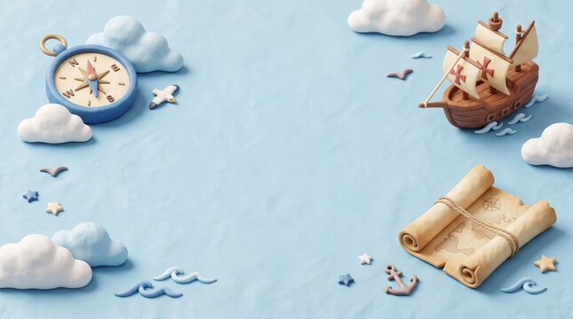 A modern 3D clay illustration background with pastel blue backdrop and scattered nautical icons. Minimalist Columbus Day graphic resources with copy space.