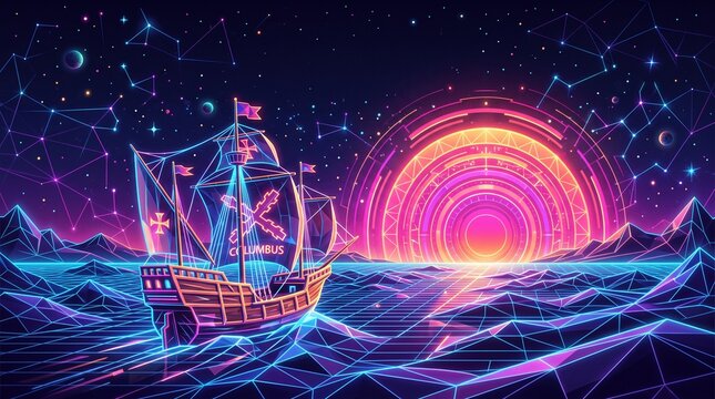 A stylized retro-futuristic synthwave illustration of a caravel ship on neon grid waves with a glowing sun. Modern Columbus Day graphic template.