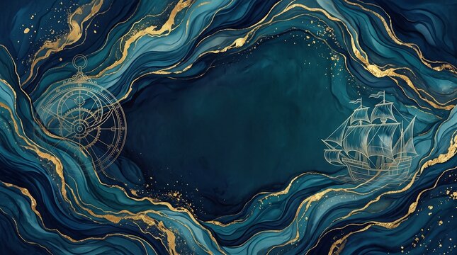 A stunning abstract background featuring navy blue and teal alcohol ink swirls highlighted with metallic gold glitter veins, decorated with fine-line sketches of an antique compass and a sailing ship.
