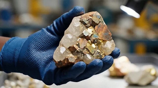 Macro Shot of a Gloved Hand Holding a Large Raw Mineral Piece Displayed Against a Blurred Industrial Background