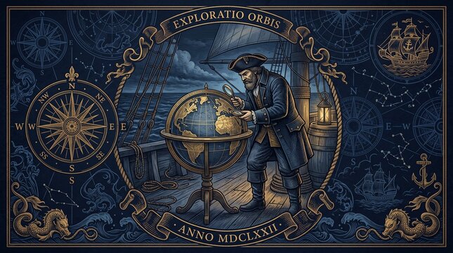 A detailed woodcut engraving style illustration of a historical sea captain or explorer using a magnifying glass to study a globe on a ship deck, framed with a nautical compass rose and golden filigre