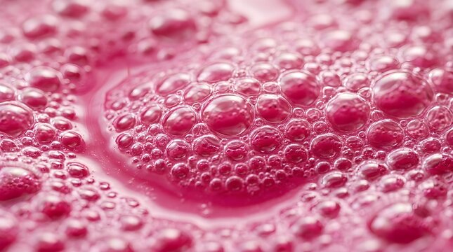 Close up macro view of refreshing red fruit juice bubbles and foam surface with refreshing, beverage