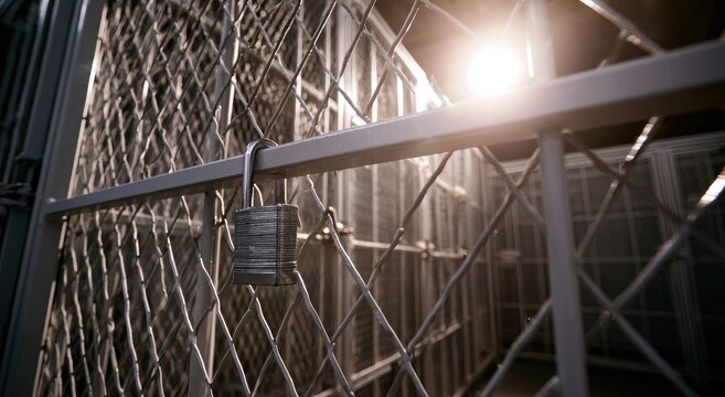 Locked metal cage with padlock, sunlight shining through bars