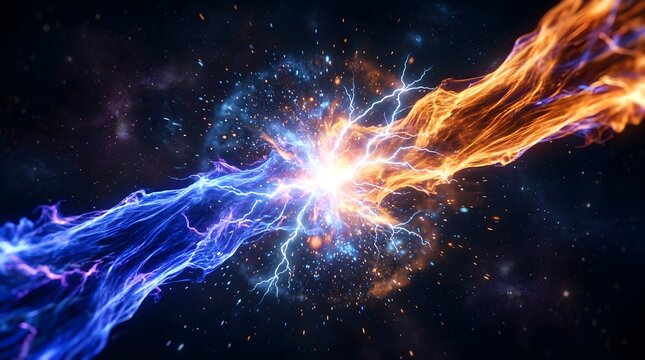 Abstract cosmic collision of orange and blue energy waves in dark outer space background