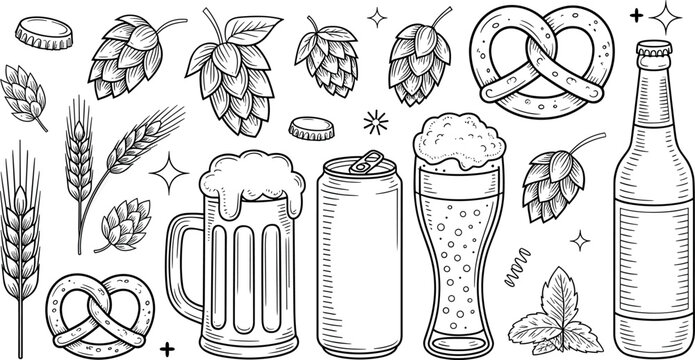 Beer doodle vector collection with hand drawn bottle can mug glasses hops wheat and pretzel elements
