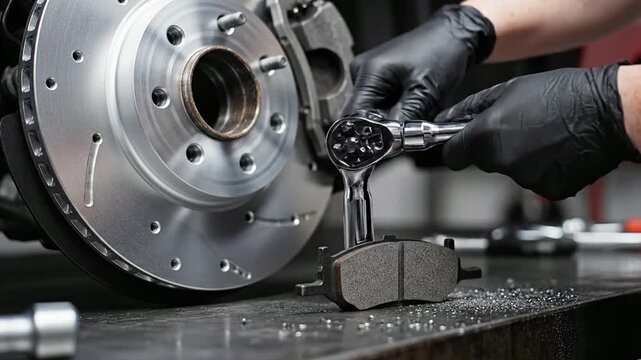 Macro Shot Of A Metallic Brake Disc And Mechanic Using A Ratchet Wrench On Semi-Metallic Brake Pads in An Auto Repair Workshop