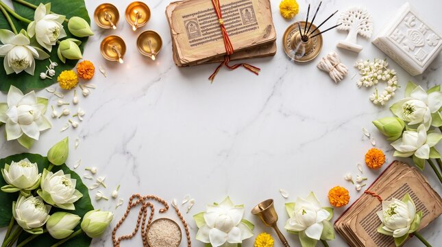 Paryushana Parva, white lotus flowers, ancient scriptures, oil lamps, marble ornaments and incense arranged beautifully from above