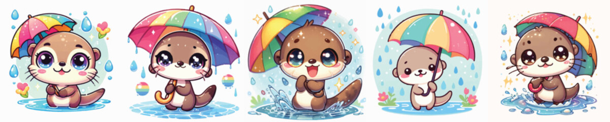 Vector of a cute cartoon otter character holding an umbrella in the rain © FirdianKrisna