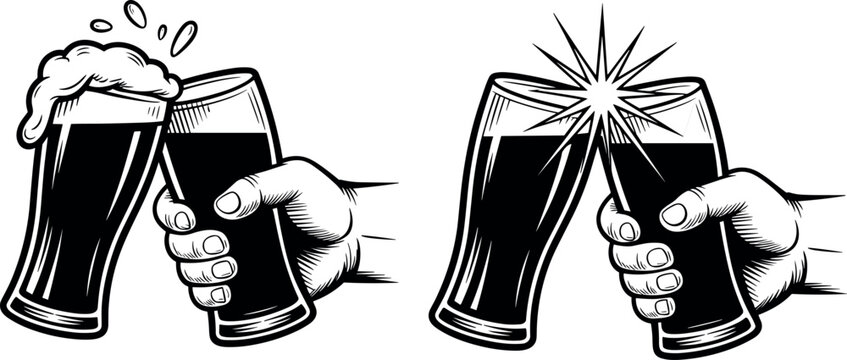 Retro engraving style vector illustration of hands holding and clinking beer pints with foam for a celebration toast
