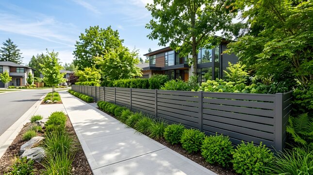 Modern residential house exterior view with dark fence and lush green garden residential exterior
