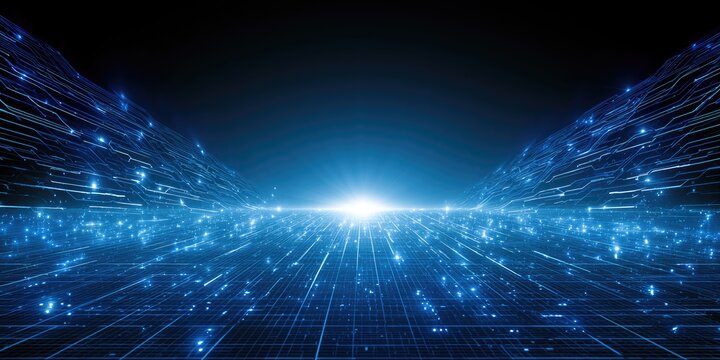 Futuristic digital flow of bright blue particles and lines receding into light