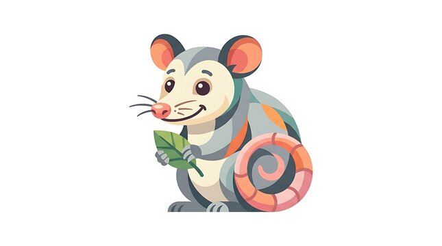 Cute cartoon opossum holding a leaf with swirling tail