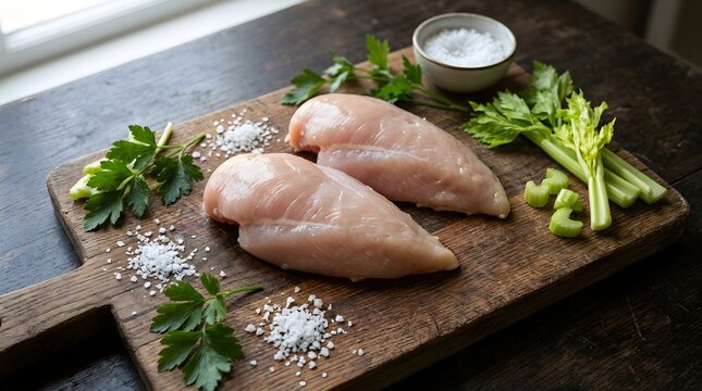 Raw chicken breasts on rustic wooden cutting board with celery and sea salt ingredients culinary