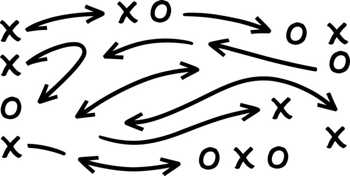 Sports strategy playbook doodle vector background with tactical scheme arrows crosses and circles for game planning