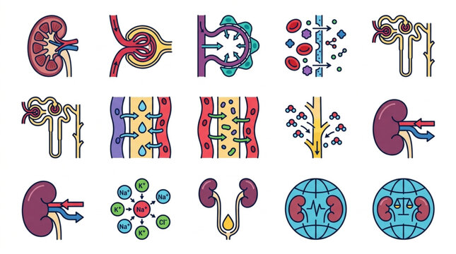 Medical illustration of kidney anatomy and nephron function diagrams.