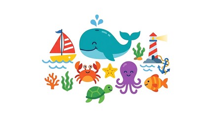 Obraz premium Cartoon marine life and nautical elements