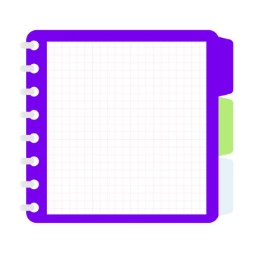 Vibrant purple spiral notebook template with colorful index tabs and grid paper