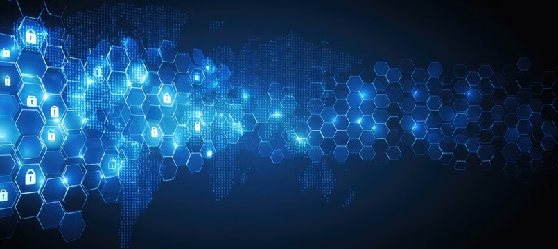 Glowing hexagonal grid overlaid on world map with digital lock icons