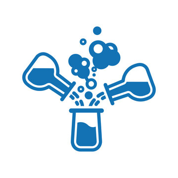 Chemical reaction in laboratory flasks during science experiment with bubbles and smoke